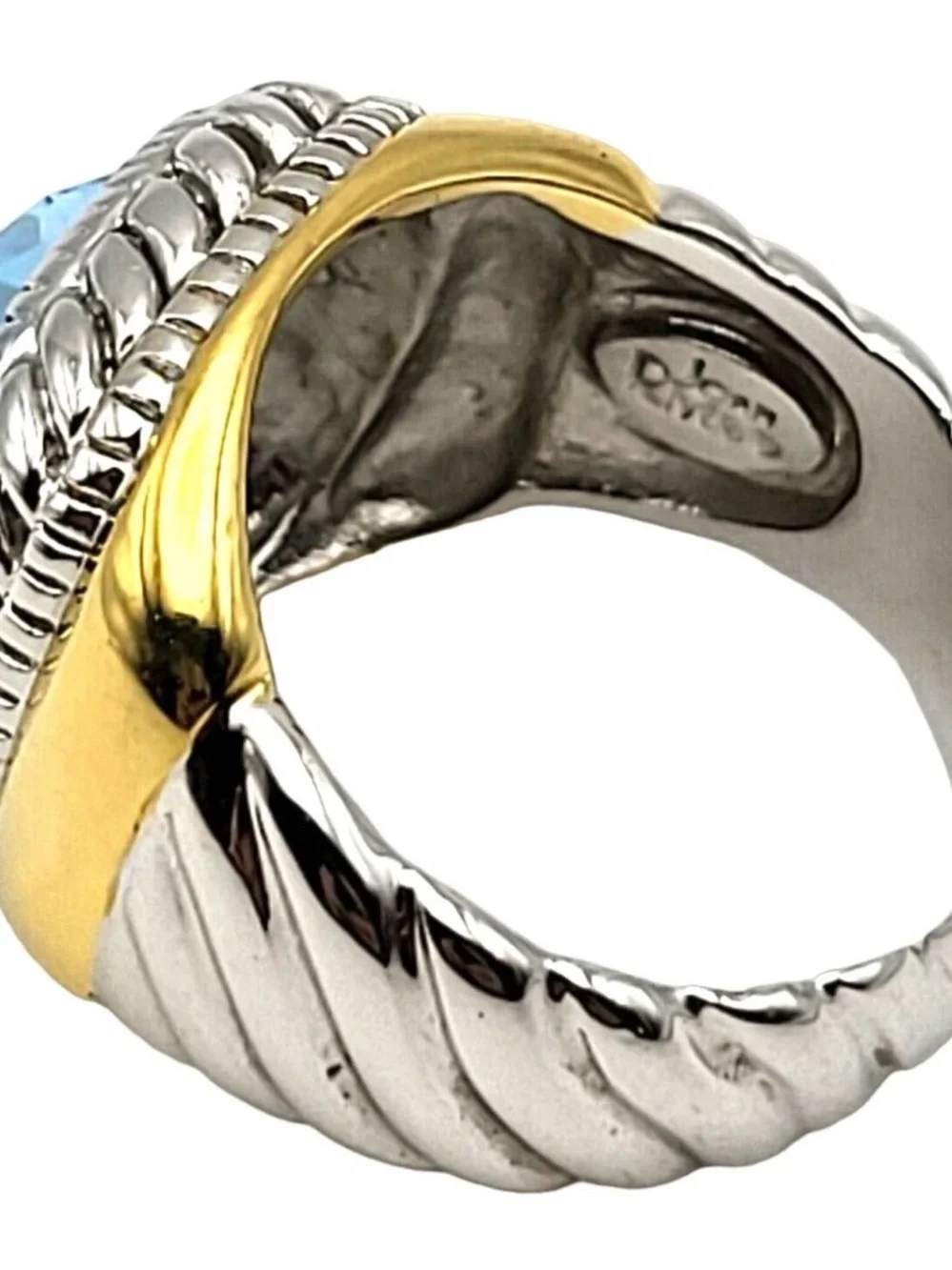 Vintage Joan Rivers ring Gold & Silver Tones Faux Blue Topaz Twisted Design